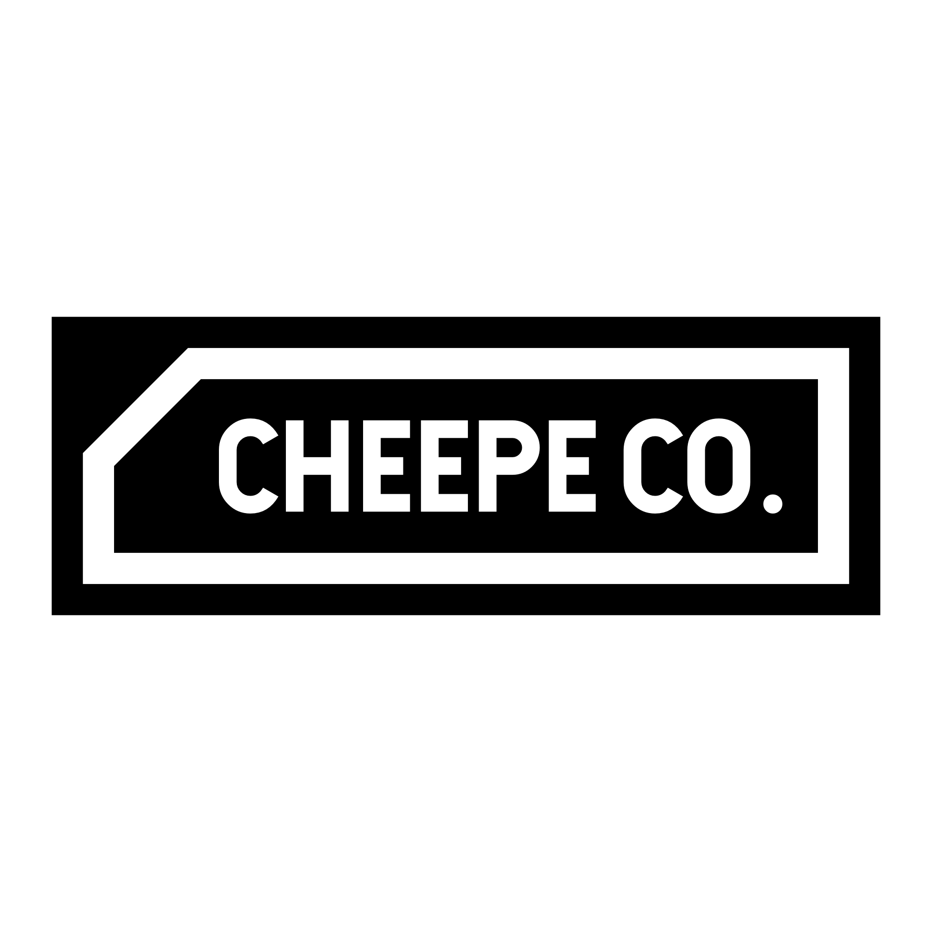 A black and white logo with plain, bold text displaying the words 'CHEEPE CO.' within a rectangle that has a cut corner.